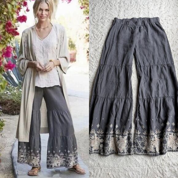 Johnny Was Sienne embroidered tiered wide leg pants floral grey linen cream XS - Picture 1 of 16
